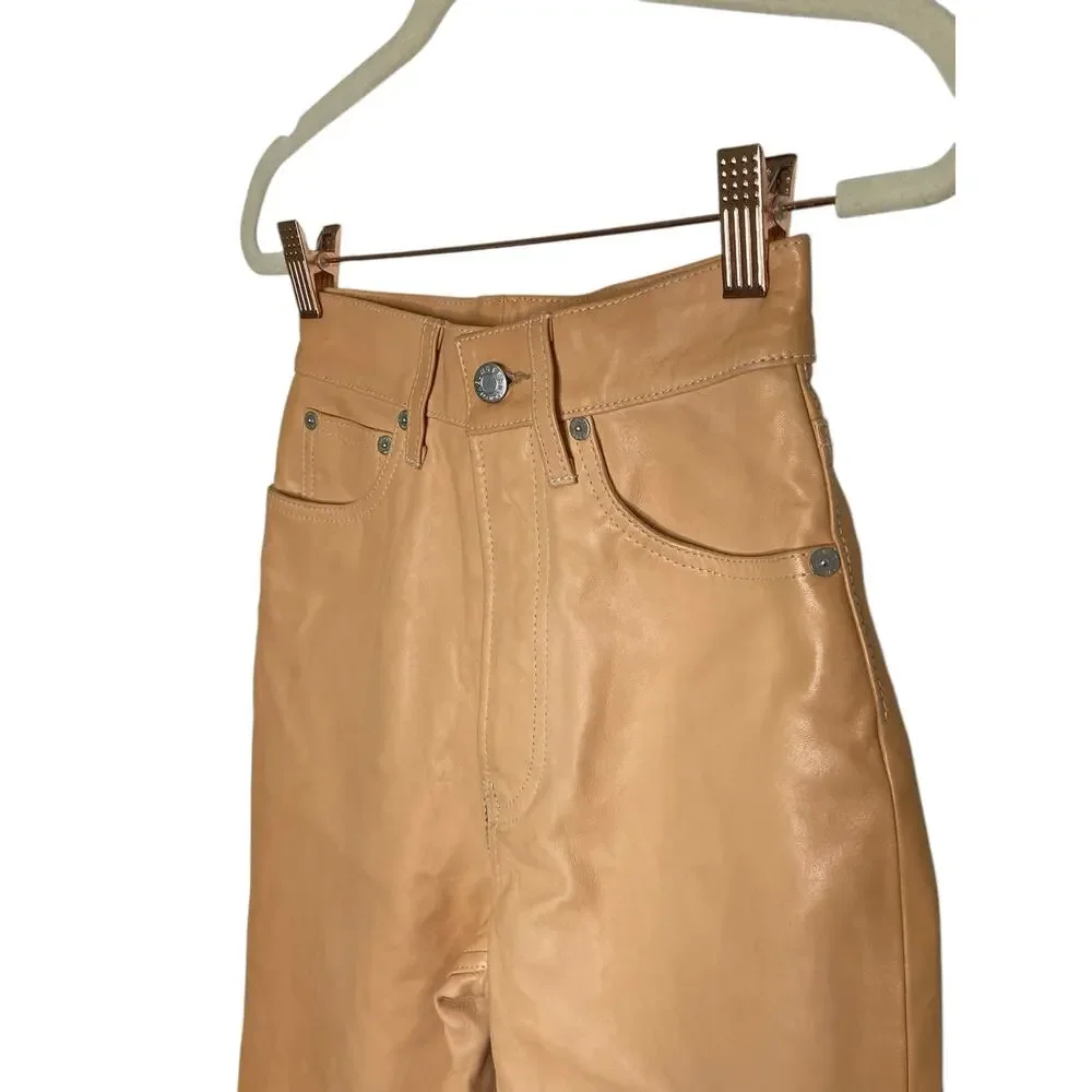 Helmut Lang Femme Hi Bootcut Pants Raw Leather Slim Fit High Rise Natural Sz 24